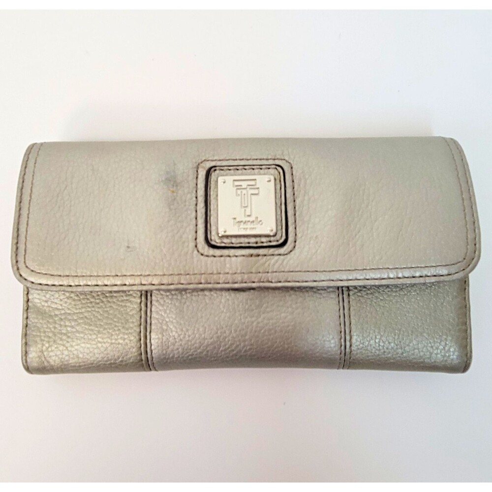 Tignanello Silver Leather Wallet Trifold Paisley Interior Logo Zip Card Slots